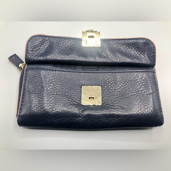 Tory Burch Marion Raffia Straw Tote Blue Black Stripes Leather Trimmed + Wallet - Picture 15 of 16